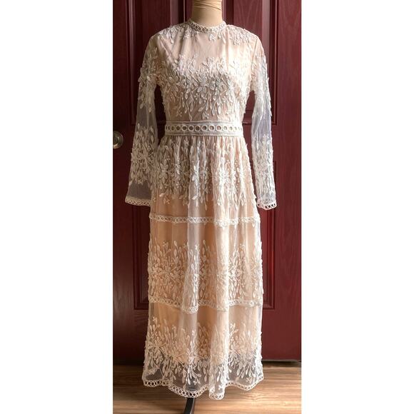 Polagram White Floral Lace Overlay Dress Women M Nude Lining Midi Modest Retro - Picture 1 of 16